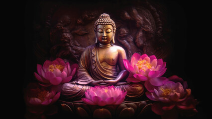 Buddha surrounded by lotus flowers. Leisure and relaxation meditation concept.