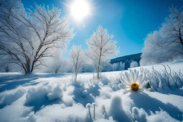 Frozenned flower on background blue sky.Winter landscape, white sun light