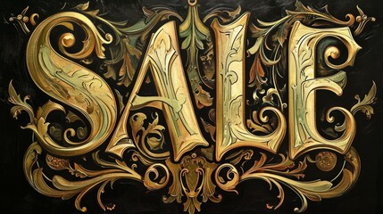 The text Sale in art nouveau style. Combination of gold and black with floral elements