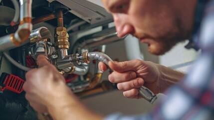 Man fixing water heater with wrench