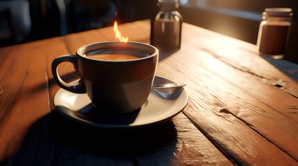 Obraz premium Cup of coffee on a wooden table in a cafe at sunset