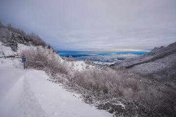Winter snowfall in Collada De Bracons and Puigsacalm peak, La Garrotxa, Girona, Spain
