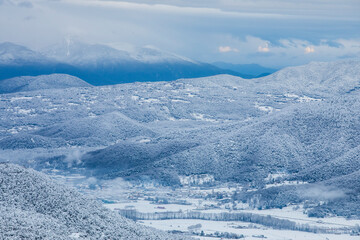 Fototapeta premium Winter snowfall in Collada De Bracons and Puigsacalm peak, La Garrotxa, Girona, Spain