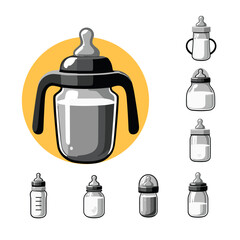 Child Feed Dairy Product. Bottles for feeding baby milk with nipple