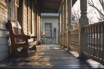 Wooden Bench on Front Porch - obrazy, fototapety, plakaty