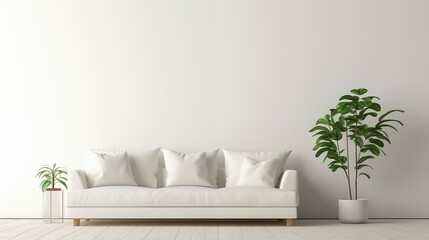 Modern living room with an upholstered white sofa and a verdant tree in pot.
