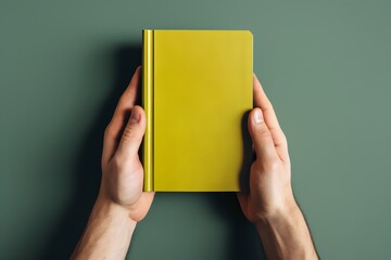 Yellow book cover mockup in hands - obrazy, fototapety, plakaty