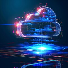 Cloud storage for downloading, a digital service or application with data transmission. Network computing technologies. Digital space. AI generative