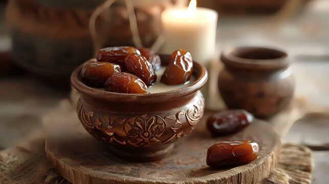 Tasty dates in bowl on wooden table, closeup. Ramadan food
