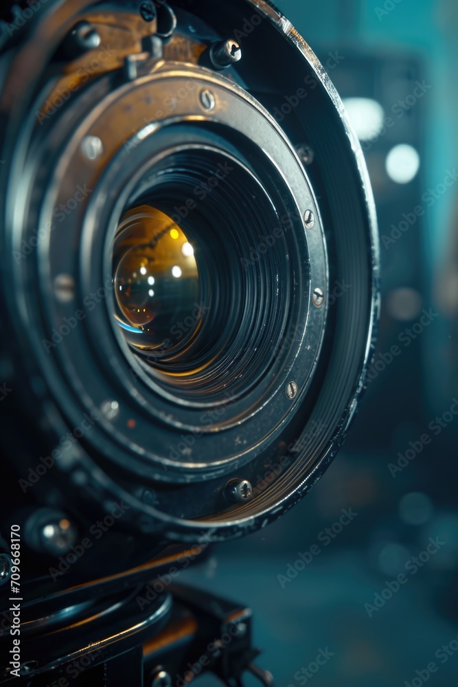 Poster a close-up shot of a camera lens with a blurry background. this image can be used to depict photogra