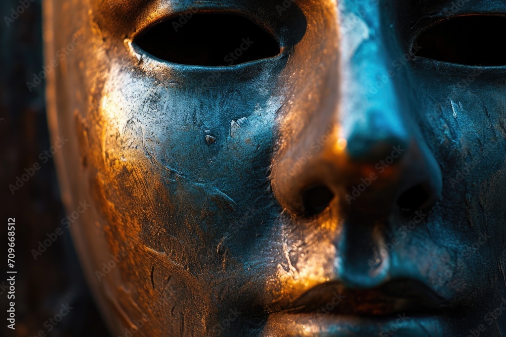 Poster A close-up view of a statue depicting the face of a person. This image can be used in various contexts