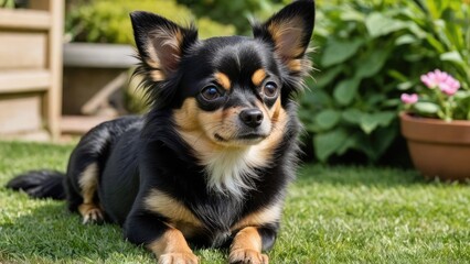 Black and tan long coat chihuahua dog lying outside in the garden