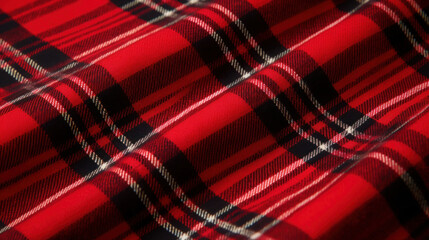 Close-up of red and black plaid fabric, displaying the classic pattern associated with warmth and fashion. - obrazy, fototapety, plakaty