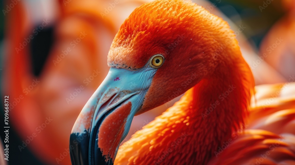 Poster a close up of a flamingo's head with other flamingos in the background. perfect for nature and wildl