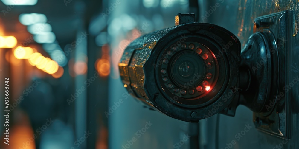 Poster close up shot of a camera mounted on a wall. suitable for various uses