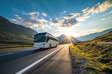White travel bus on a beautiful highway. AI generated