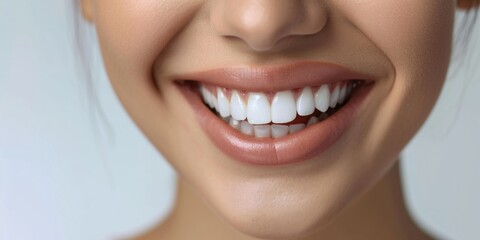 A close-up shot of a woman's smile, showcasing her white teeth. This image can be used for dental care advertisements or to promote oral hygiene