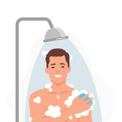 Young man taking shower in bathroom. Washes head, hair and body with shampoo and soap. Flat vector illustration isolated on white background