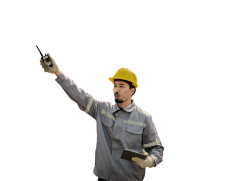 Male worker or Engineer wearing safety helmet and on transparent background