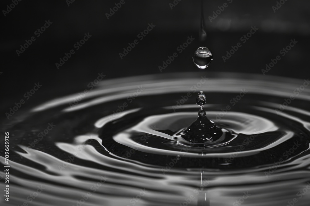 Poster a black and white photo capturing a single drop of water. suitable for various uses