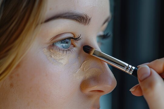 A close-up image of a person with a brush in their eye. Can be used to depict creativity, makeup, or artistry