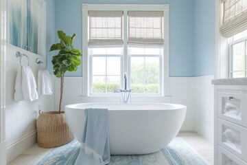 Coastal chic bathroom with light blue and white hues, a freestanding bathtub, and minimalistic decor, conveying a sense of tranquility
