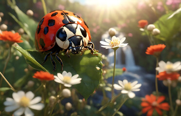 Amidst the breathtaking beauty of blooming flowers, delightful ladybugs explore, adding a touch of whimsy to the picturesque surroundings.