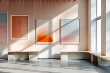 Contemporary art gallery wall with peach and blue tones, showcasing a curated collection of minimalist artwork