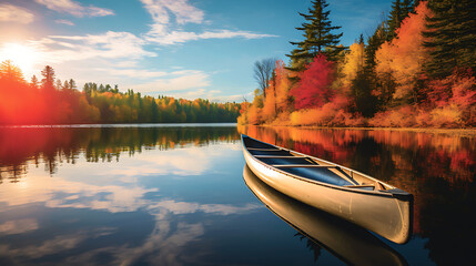 a canoe gliding on a calm river with a backdrop of a forest in autumn colors, capturing the serene...