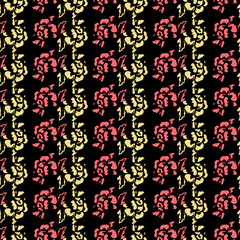 Hand-drawn seamless pattern with floral print. Yellow and pink roses on a black background. Vector pattern for printing on fabric, gift wrapping, covers, wallpapers.