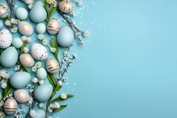 Easter Eggs Adorned with Soft Is, Surrounded by White Blog, Creating a Minimalistic Masterpiece one Light Blue Background - Capturing the Essence of Easter in a Mood of Simple Elegance. Space for Text