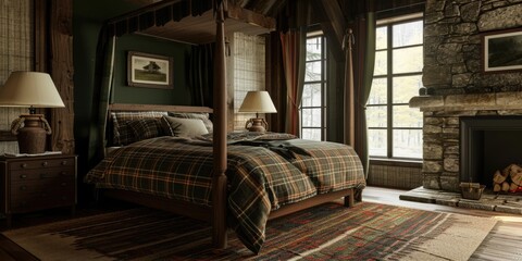 A cozy bedroom featuring a luxurious four poster bed and a warm fireplace. Perfect for creating a romantic and inviting atmosphere. Ideal for home decor or interior design projects