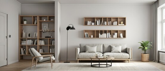 Modern living room interior background. Sofa, coffee table, plant, and bookshelf. Generative AI technology.