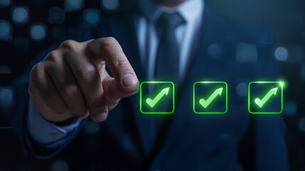 A business professional clicks the green checkmark to assess an industrial facility of a vendor or supplier, assigning maximum rating of five stars in accordance with the ISO documentation management.