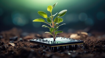 Generative AI, Plant growing from the circuit board. Ecology and environment concept	
