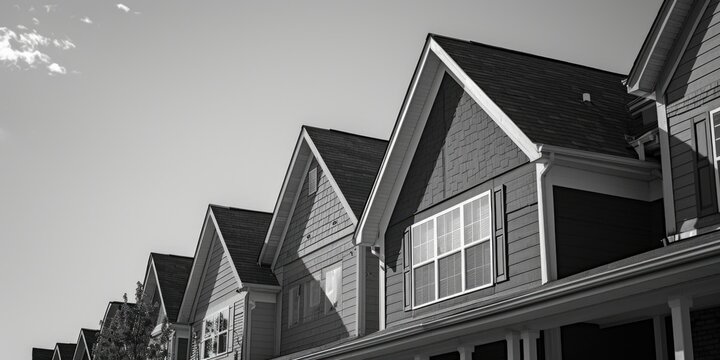 Fototapeta A black and white photo capturing a row of houses. Perfect for architectural designs and real estate concepts
