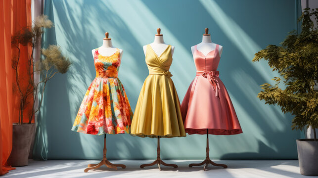 Three vintage-style dresses on mannequins, featuring bright and colorful patterns, showcased in a stylish arrangement.