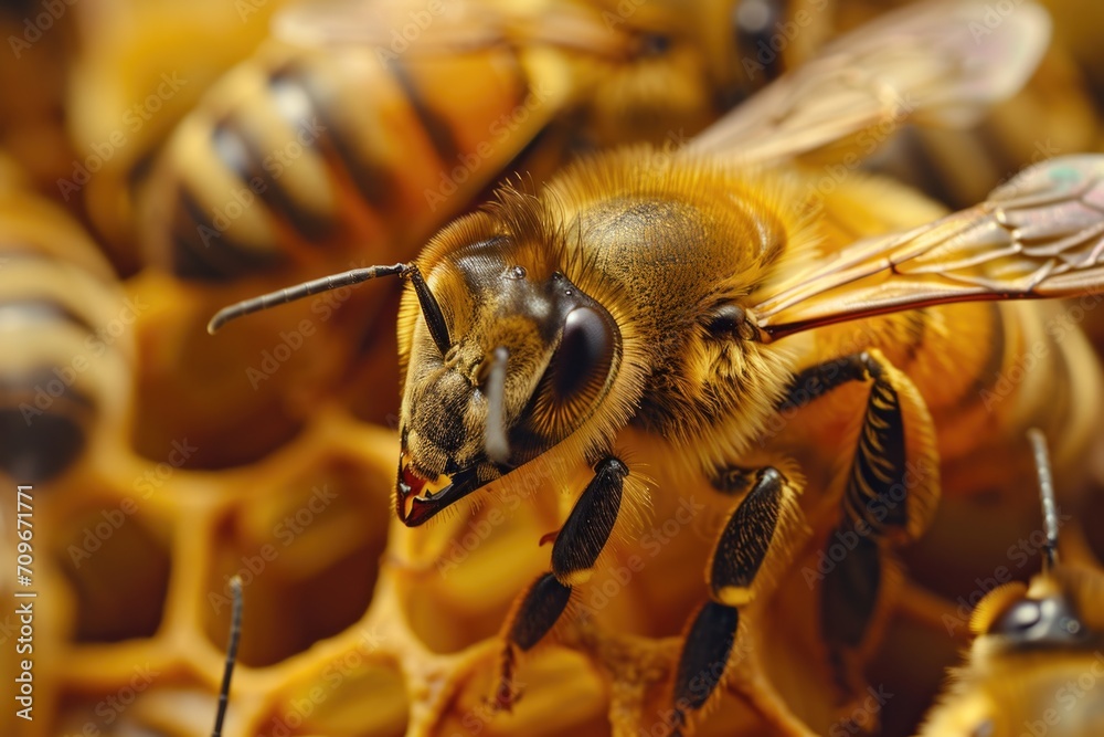 Poster A close-up view of a bunch of bees. This image can be used to illustrate the intricate details of bees or to depict the importance of bees in pollination