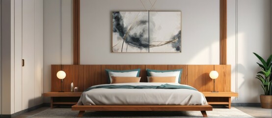 Bedroom interior background. Modern style. Lamp, painting, plant decoration. Generative AI technology.