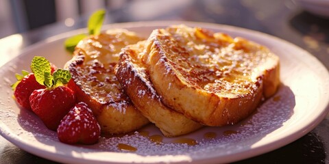 A delicious plate of French toast topped with juicy strawberries. Perfect for breakfast or brunch