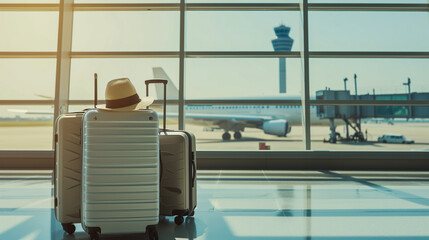 Ready for vacation, modern traveler's suitcase and accessories at an airport, travel and tourism concept.