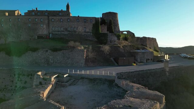 View of Cardona Castle from Baluarte de San Nicolas. Drone vertical shot