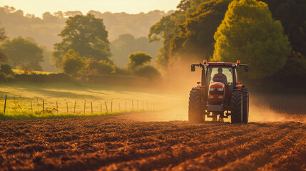 Early evening on the farm, a powerful tractor cultivating rows of earth, warm sunlight casting long shadows.