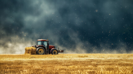 Fototapeta premium Early evening on the farm, a powerful tractor cultivating rows of earth, warm sunlight casting long shadows.