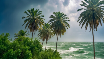 Fototapeta na wymiar Strong wind tropical storm palm trees, ocean shore