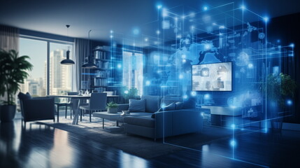 Modern living room with blue virtual reality interface and icons. Concept art of a digital holographic artificial intelligence (ai) smart technology in a house. Generated AI