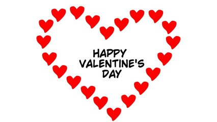 Happy Valentine's day words in a love heart shape. Small red love hearts forming a big one with text inside it. All on white.