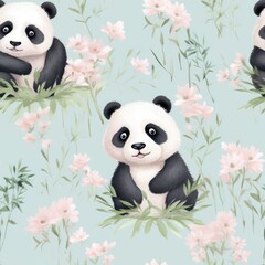 Panda cute plush Seamless Pattern. Fluffy, fur pandas tile in pastel colors. Illustration with panda, animal background for textile, fabric, wrapping paper.
