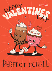 Valentine's Day set of funny vintage characters. Happy and cheerful retro. Old animation 60s 70s, groovy cartoon characters of coffee and sweets, donut, cupcake, espresso, latte, cocoa, cake. present.