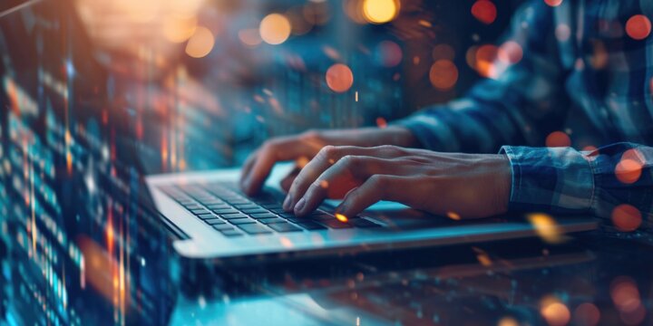 A person is typing on a laptop computer. This image can be used to depict work, technology, productivity, or remote work